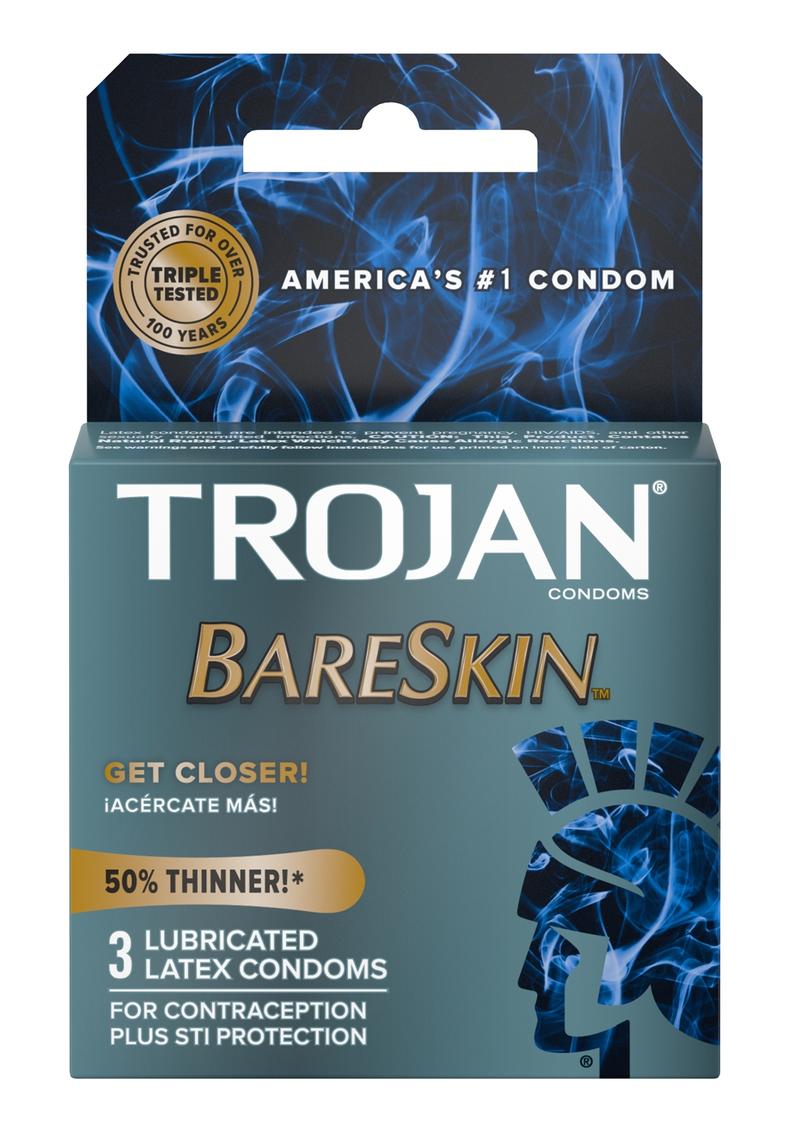 Condones de látex lubricados Trojan Bareskin Premium (paquete de 3)