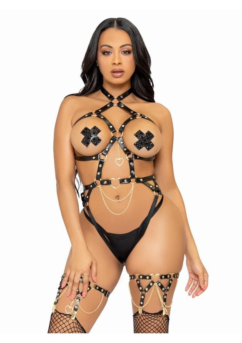 Arnés convertible Leg Avenue de cuero vegano con anilla en forma de corazón, tiras tipo braguita y cadena - Grande - Negro