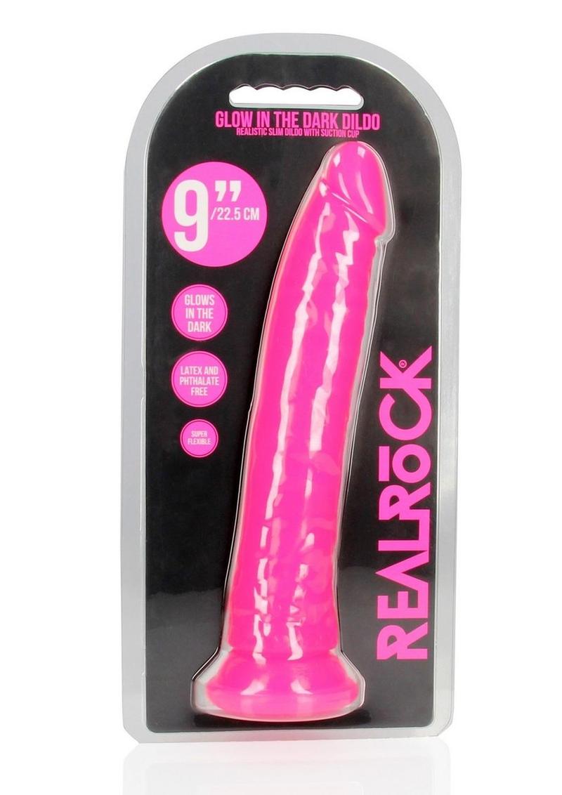 Consolador RealRock Slim que brilla en la oscuridad con ventosa de 23 cm - Rosa