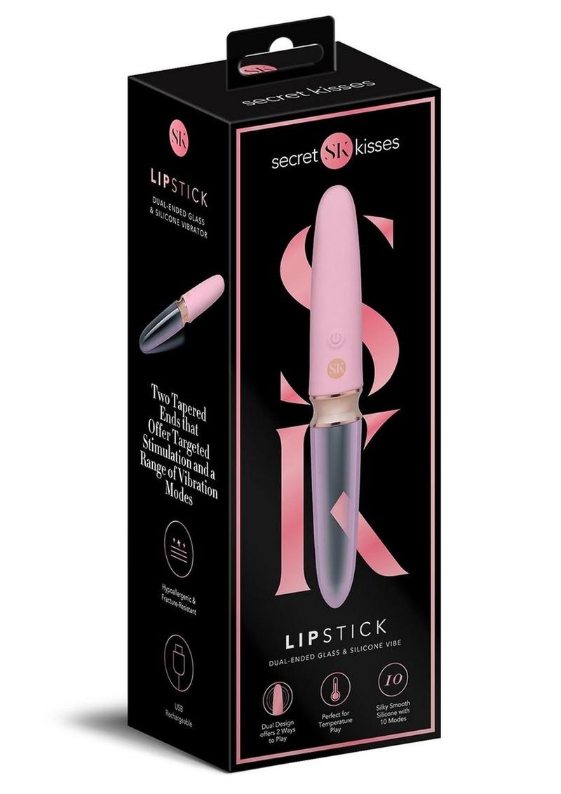 Vibrador de silicona recargable con doble punta y lápiz labial Secret Kisses - Rosa/Transparente