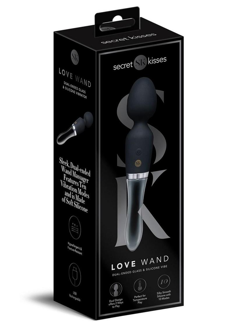Varita mágica de silicona negra recargable de doble extremo Secret Kisses Glass - Negro/Transparente