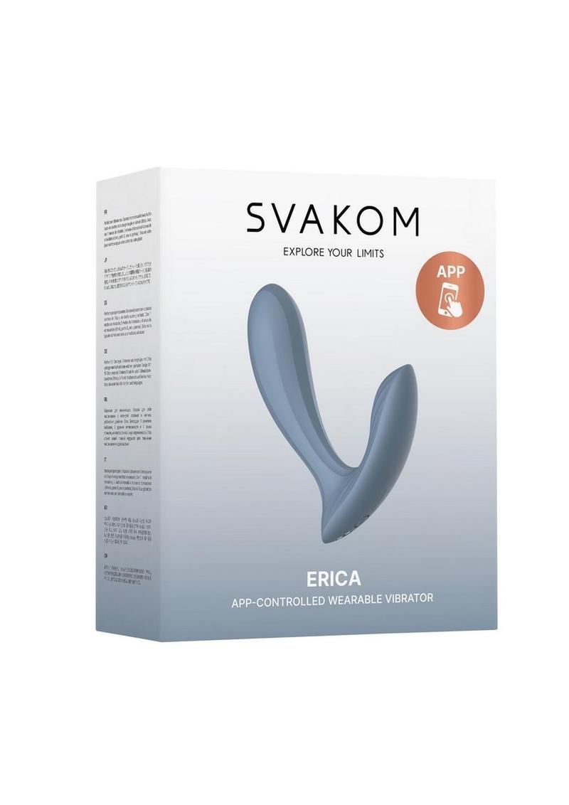 Vibrador doble recargable de silicona Svakom Erica con control remoto y estimulador de clítoris - Azul polvoriento