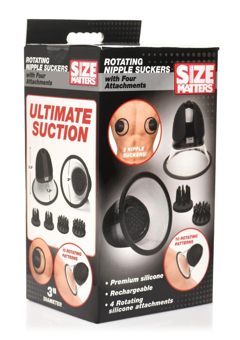 Succionadores de pezones de silicona recargables y giratorios Size Matters 10X con 4 accesorios - Negro/Transparente