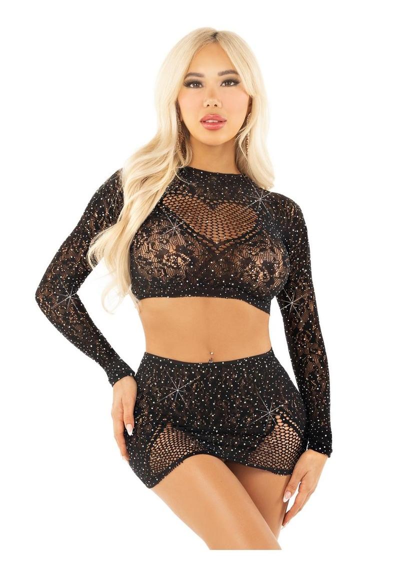 Leg Avenue Top corto de encaje y red con diamantes de imitación, detalle de abertura en forma de corazón y minifalda (2 piezas) - OS - Negro