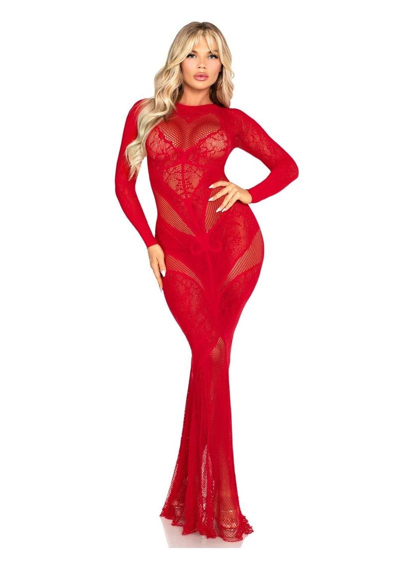 Vestido de encaje y red Leg Avenue con escote en V y detalle de corazón en forma de cerradura - OS - Rojo