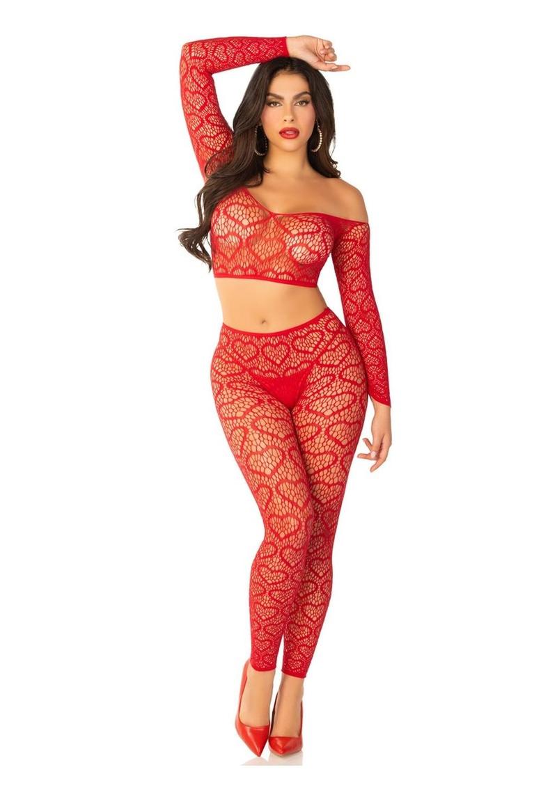 Top corto de red con hombros descubiertos y medias sin pies Leg Avenue Heart (2 piezas) - OS - Rojo