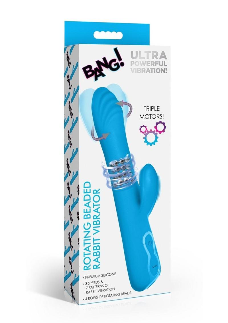 ¡Bang! Vibrador de conejo de silicona recargable con cuentas giratorias - Azul