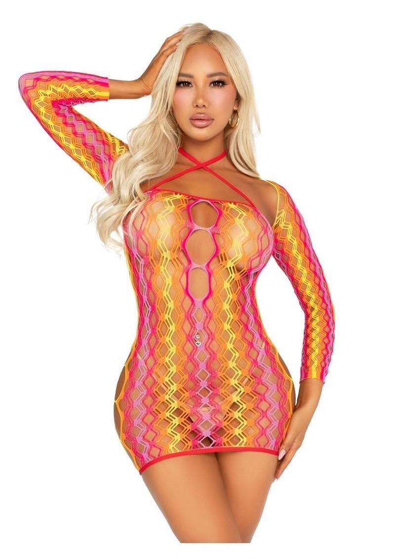 Vestido corto de encaje con cuello halter, abertura en la boca y bolero de Leg Avenue (2 piezas) - Multicolor - Talla única