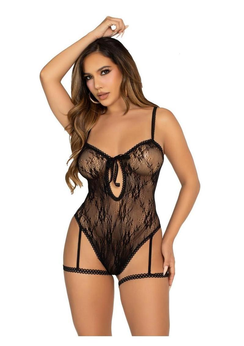 Body de encaje con liga Leg Avenue, abertura frontal y tirantes cruzados en la espalda - Negro - Talla única