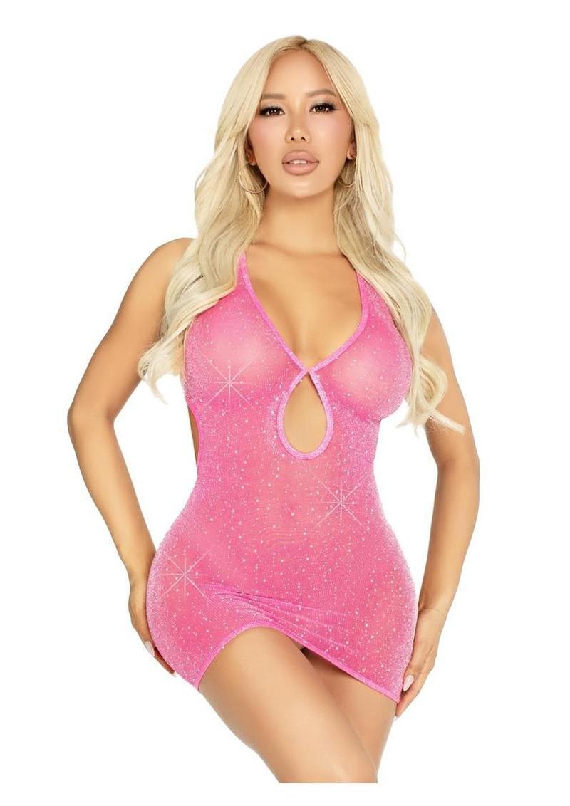 Vestido halter con abertura y pedrería de lúrex transparente brillante de Leg Avenue - Rosa neón - Talla única