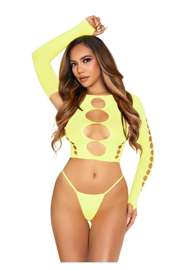 Leg Avenue - Top corto de manga larga sin costuras con aberturas y tanga - Talla única