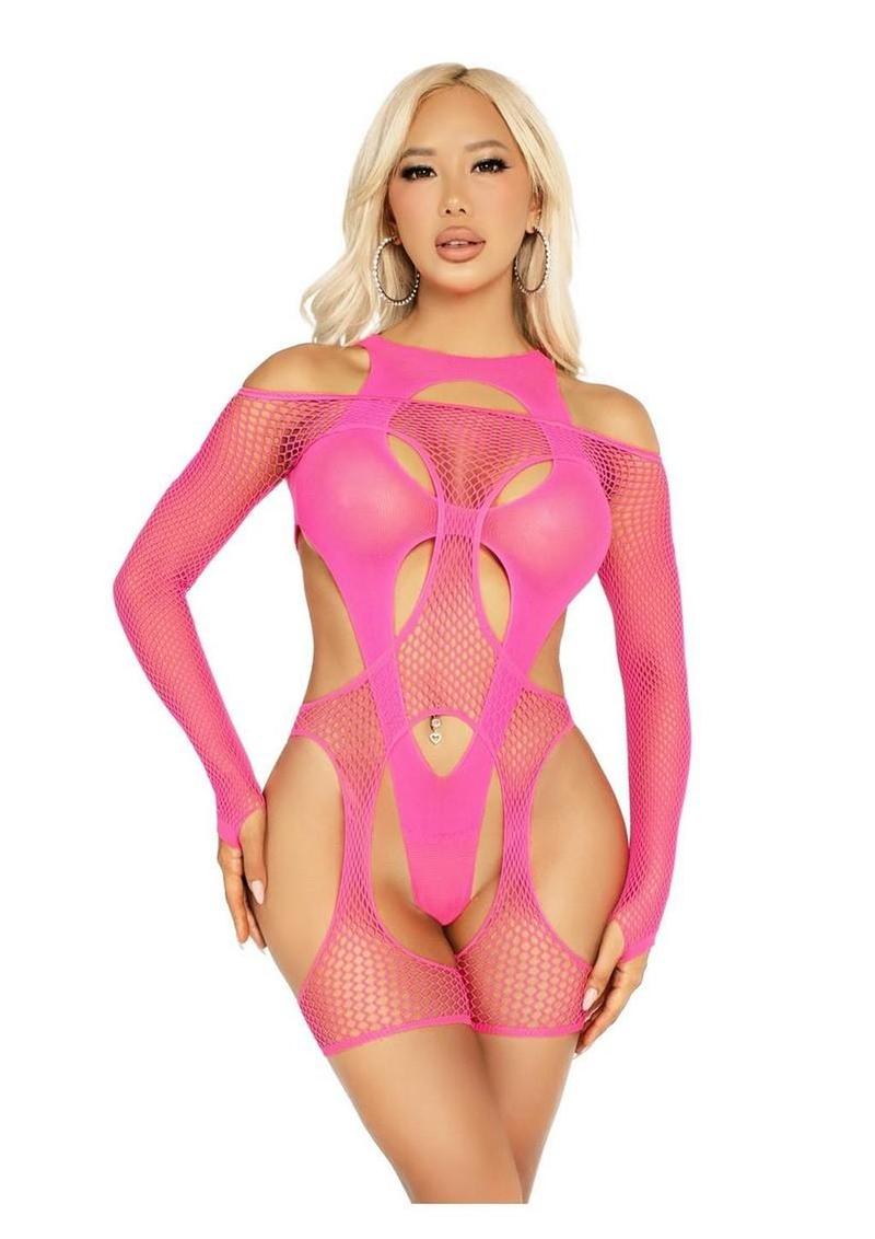 Arnés de red con hombros descubiertos y liguero Leg Avenue y body opaco con aberturas en capas (2 piezas) - Talla única