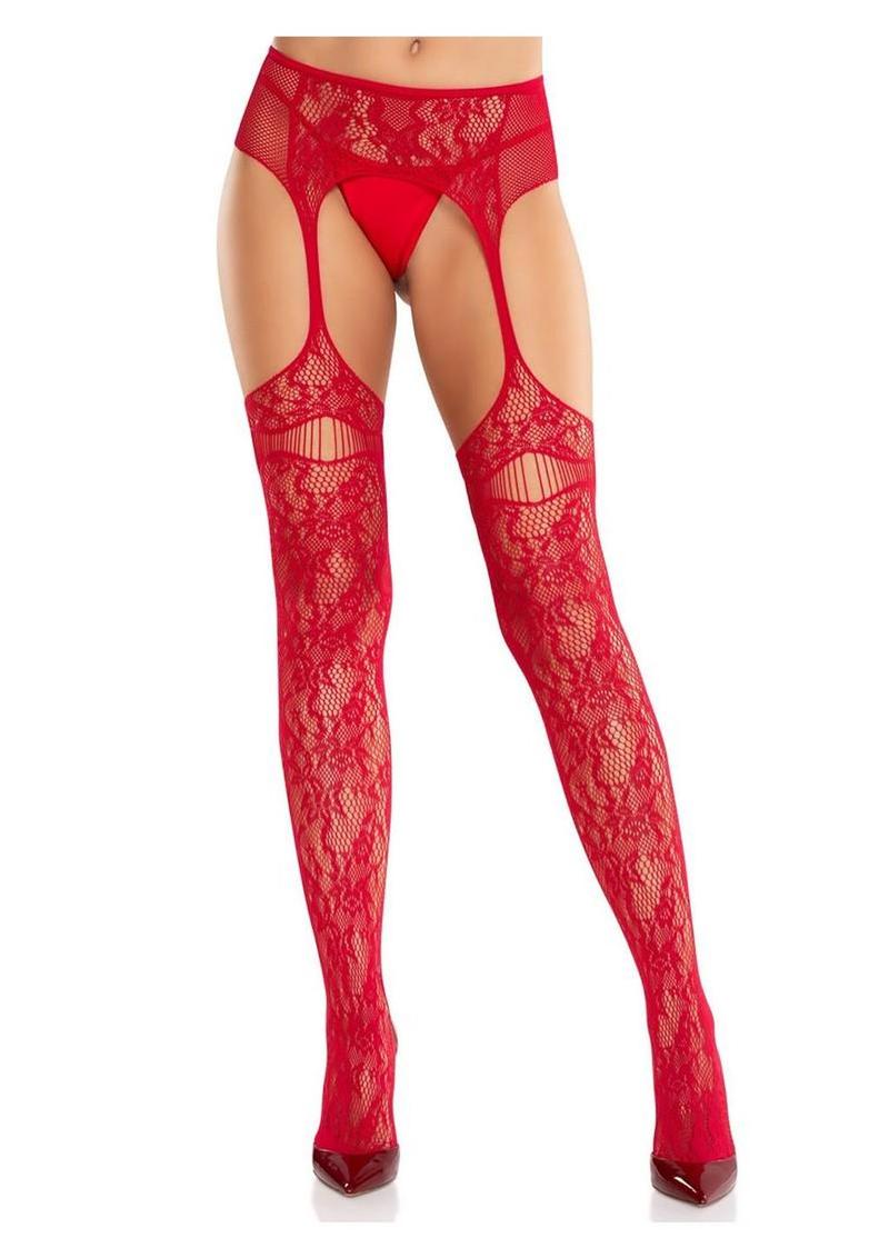 Medias de red Leg Avenue Bloom con abertura en el muslo y liguero incorporado - Rojas - Talla única