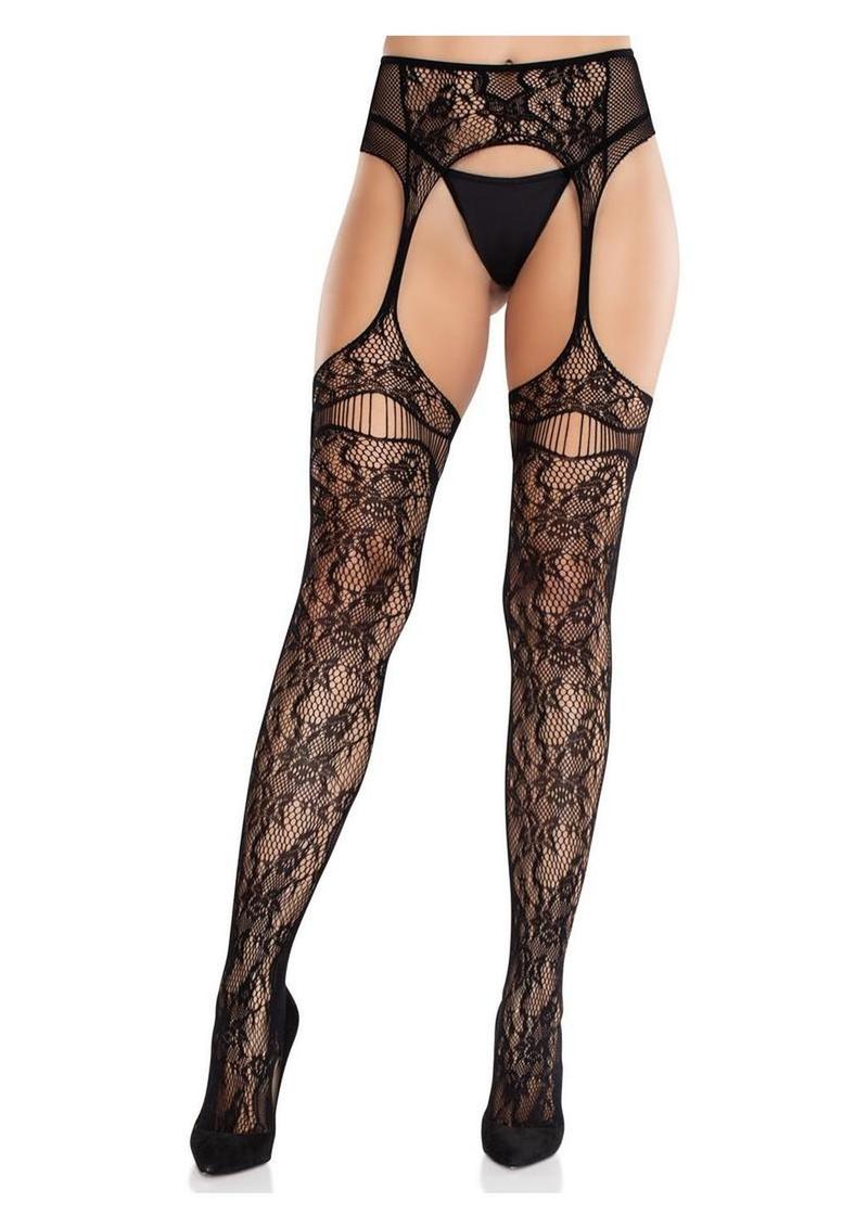 Medias de red Leg Avenue Bloom con abertura en el muslo y liguero incorporado - Negras - Talla única