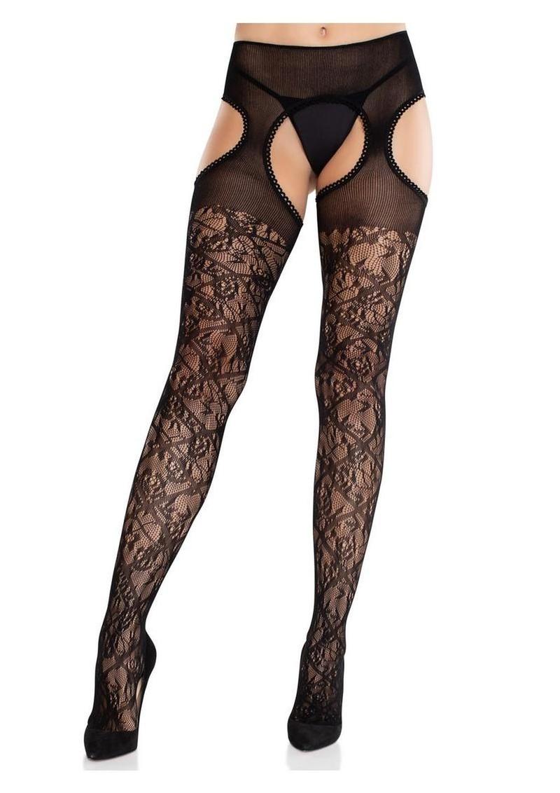 Medias de liga de encaje floral con ribete festoneado y trama cruzada Leg Avenue - Negro - Talla única