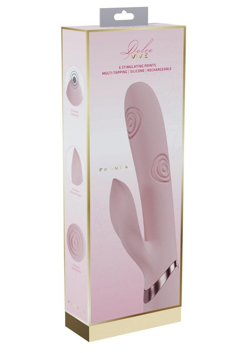 Estimulador de clítoris con triple motor de silicona recargable Vive Fronda, con vibración y pulsaciones en forma de hoja, color rosa