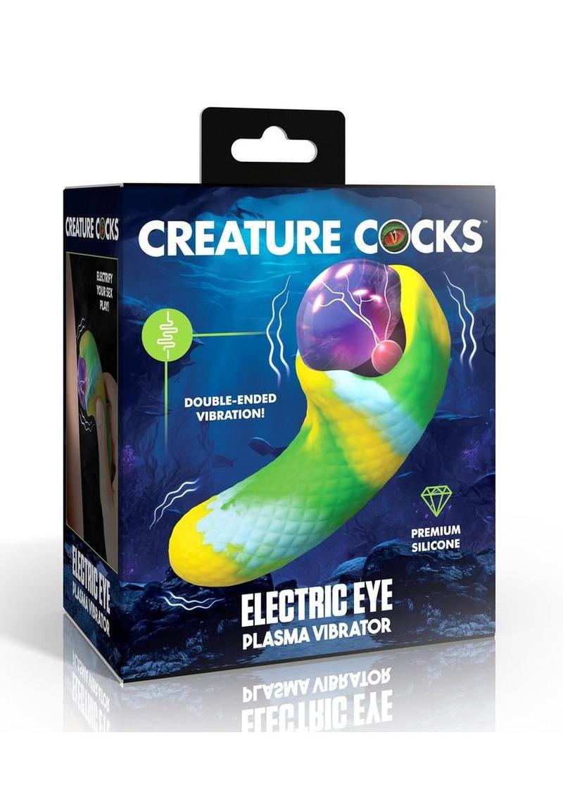 Vibrador de silicona recargable con luz y plasma de ojos eléctricos Creature Cocks - Verde/Amarillo