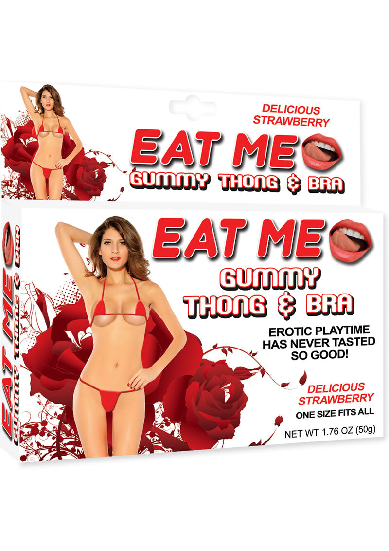 Tanga y sujetador Eat Me Gummy, color rojo fresa, talla única