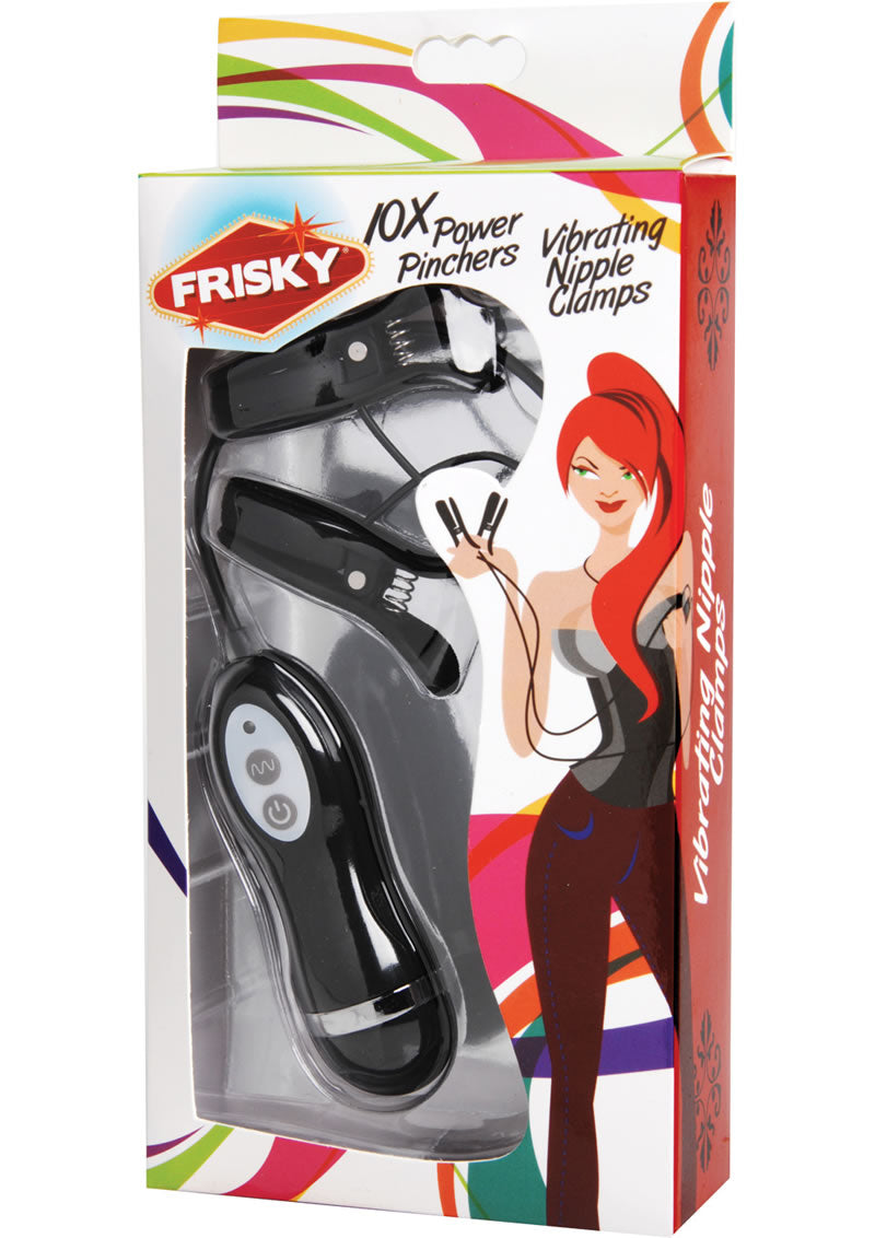Pinzas para pezones Frisky Power Pinchers con 10 modos de vibración y control remoto con cable - Negras