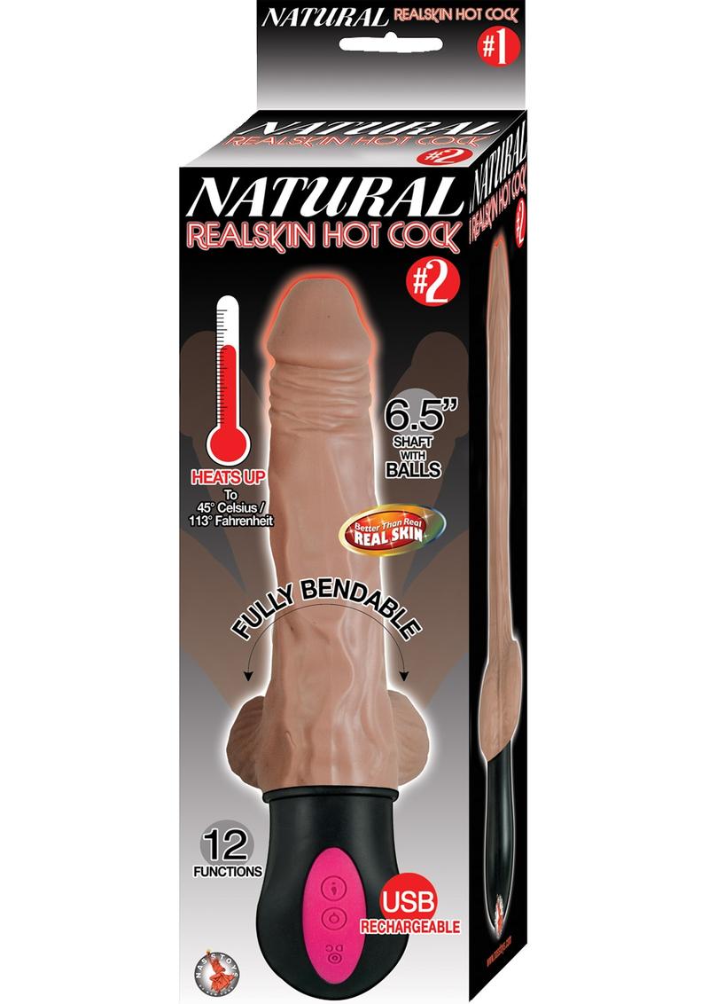 Consolador recargable y calentador Natural Realskin Hot Cock 2 con testículos de 16,5 cm - Chocolate