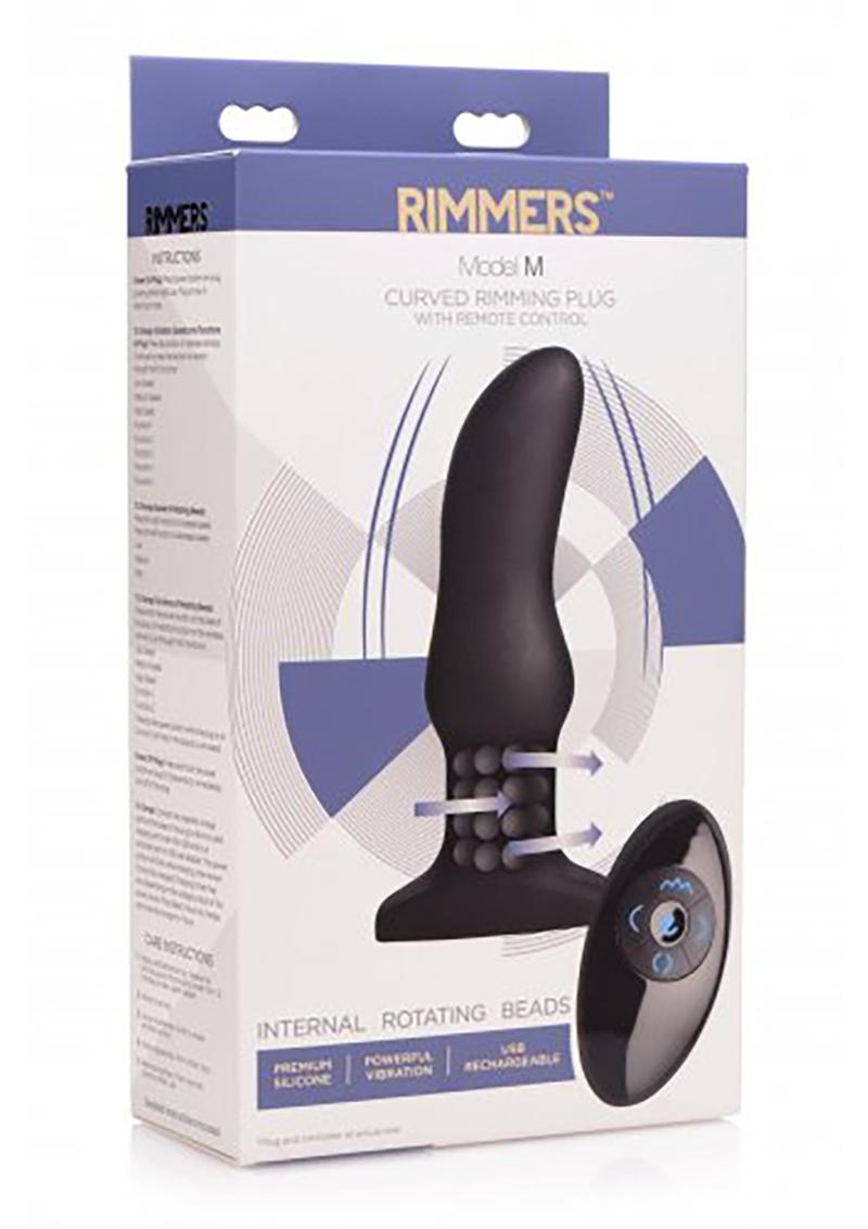Tapón anal curvo de silicona recargable Rimmers Modelo M con control remoto - Negro