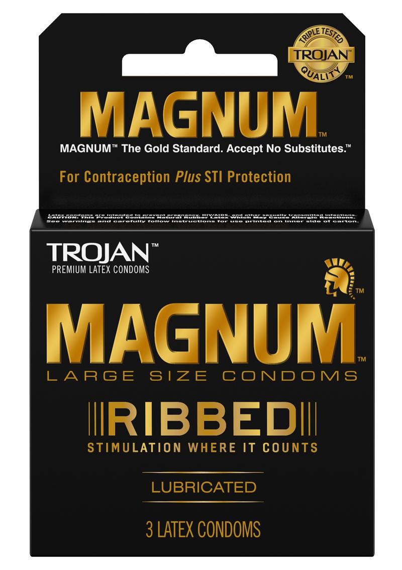 Condones de látex lubricados Trojan Magnum con estrías (paquete de 3) grandes