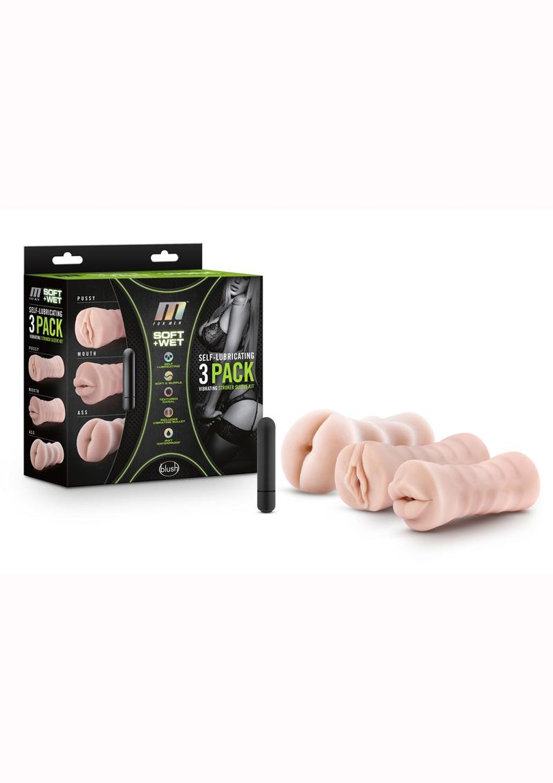 Kit de masturbador vibratorio autolubricante suave y húmedo M for Men (juego de 3) - Vainilla