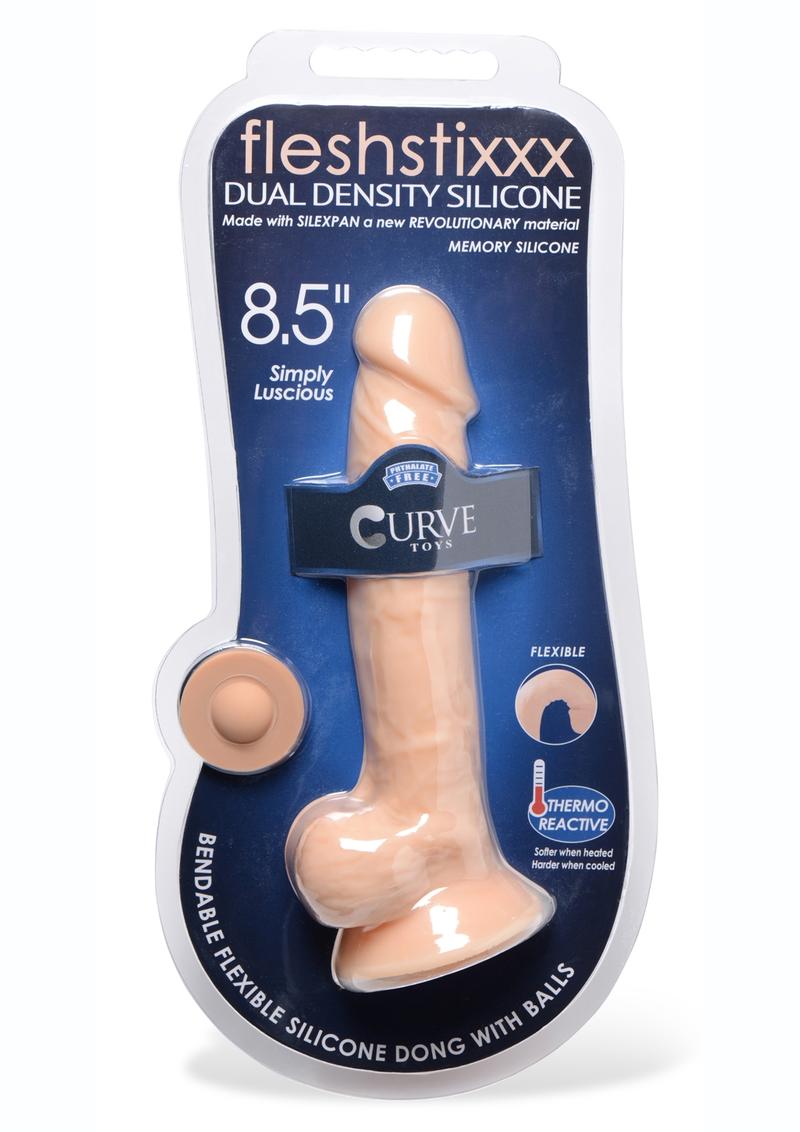 Pene flexible Fleshstixxx de silicona de doble densidad con testículos de 21,5 cm - Vainilla
