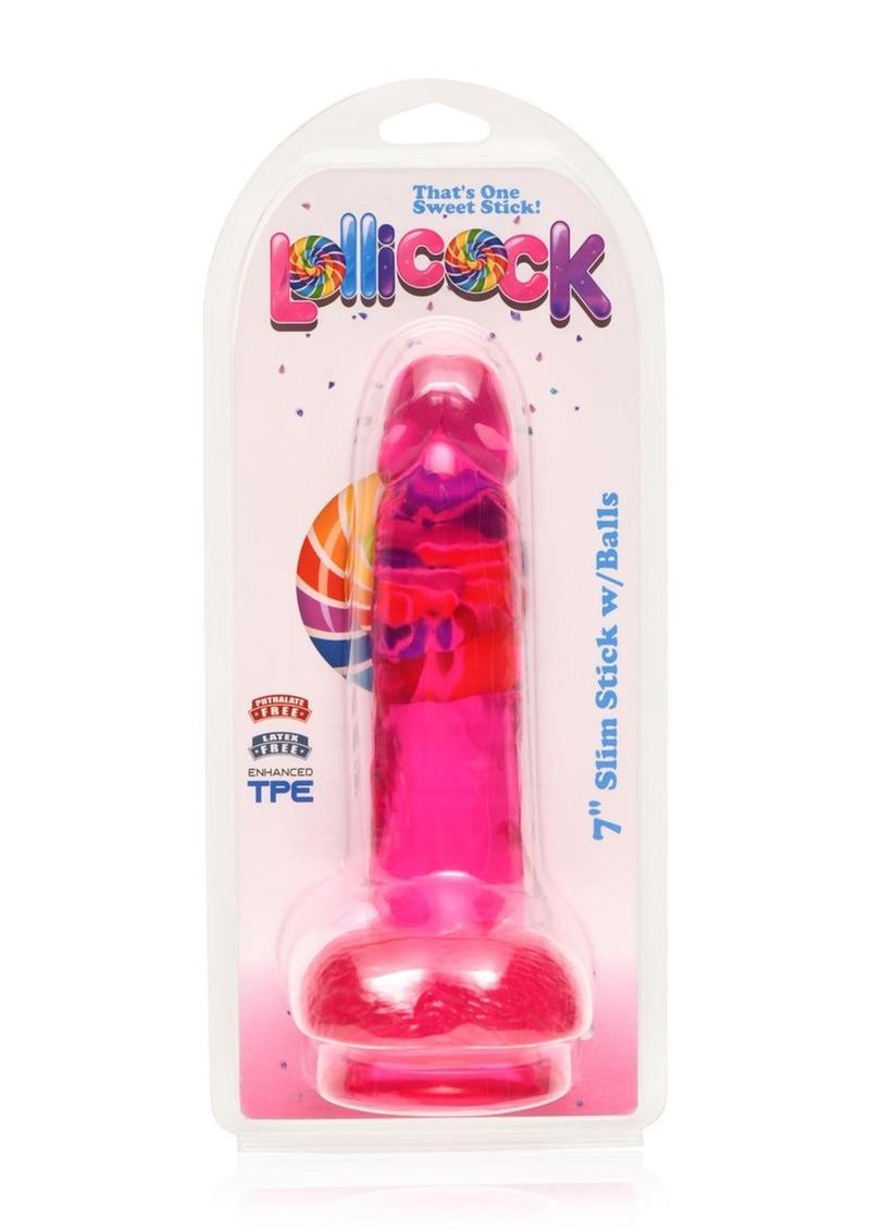 Consolador Lollicock Slim Stick con testículos de 18 cm - Cherry Ice