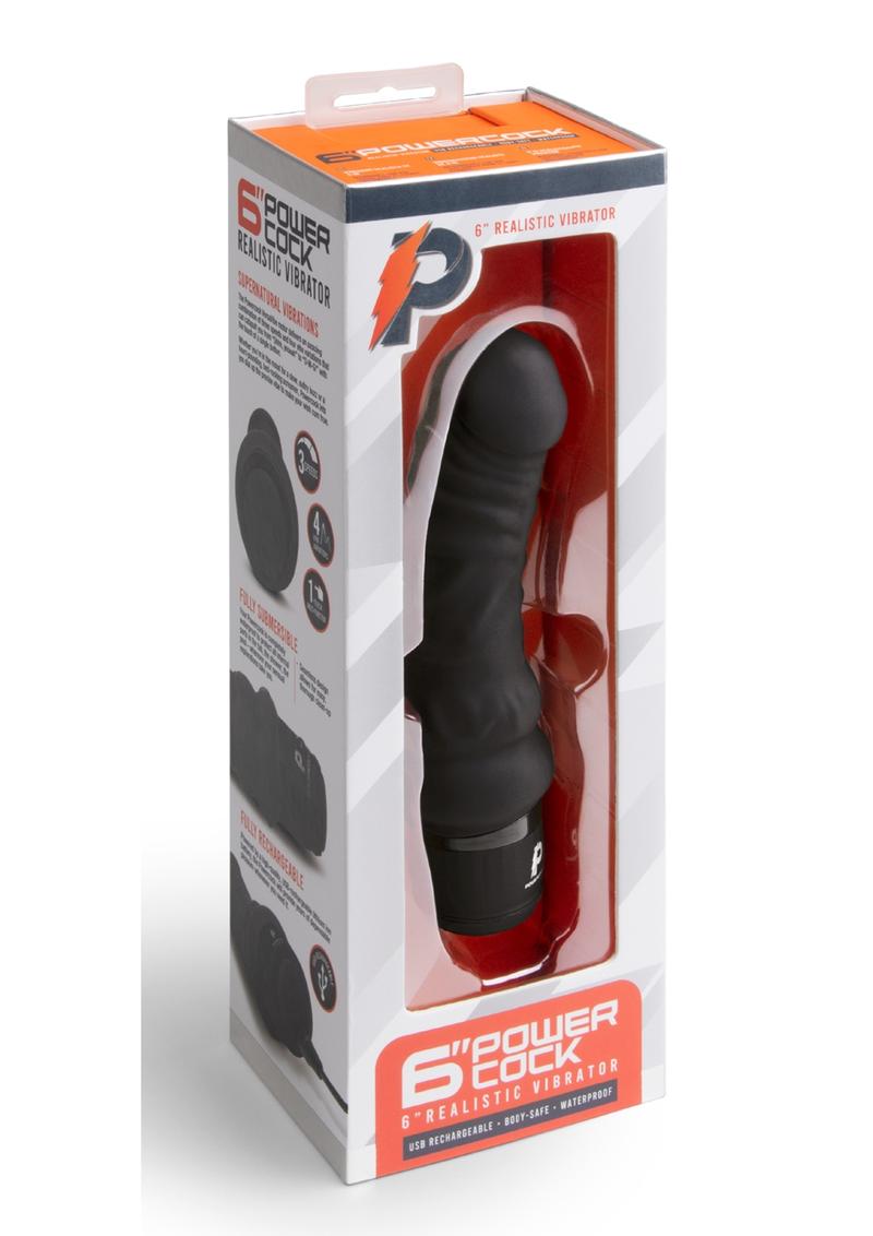 Vibrador realista recargable de silicona Powercocks de 15 cm (6 pulgadas) - Negro