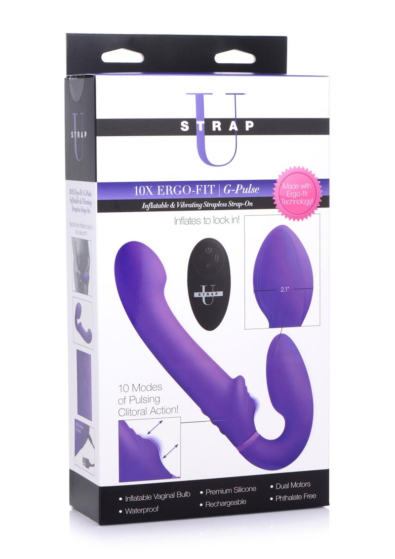 Correa U Ergo-Fit G-Pulse de silicona recargable 10 veces, consolador doble sin tirantes con control remoto - Morado