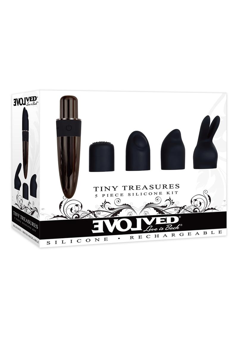Vibrador recargable de silicona Tiny Treasures con múltiples accesorios - Negro
