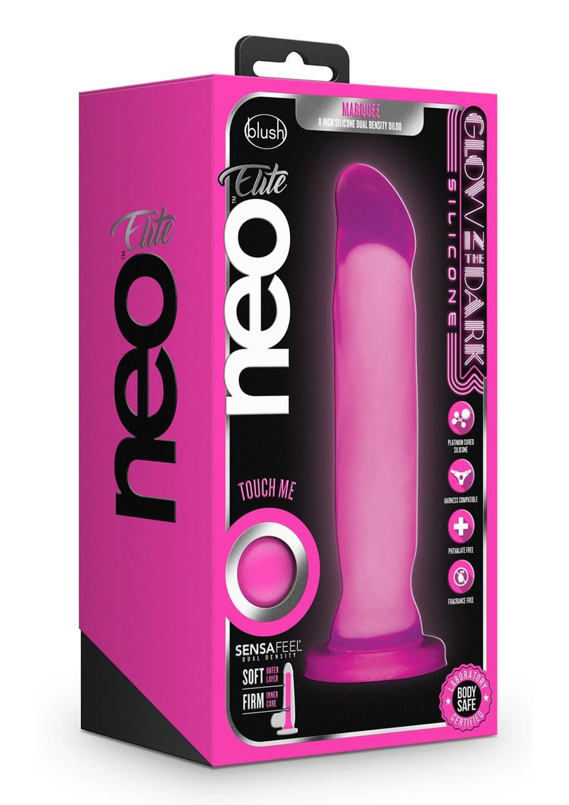 Consolador Neo Elite Marquee de silicona de doble densidad que brilla en la oscuridad, 20 cm, rosa neón