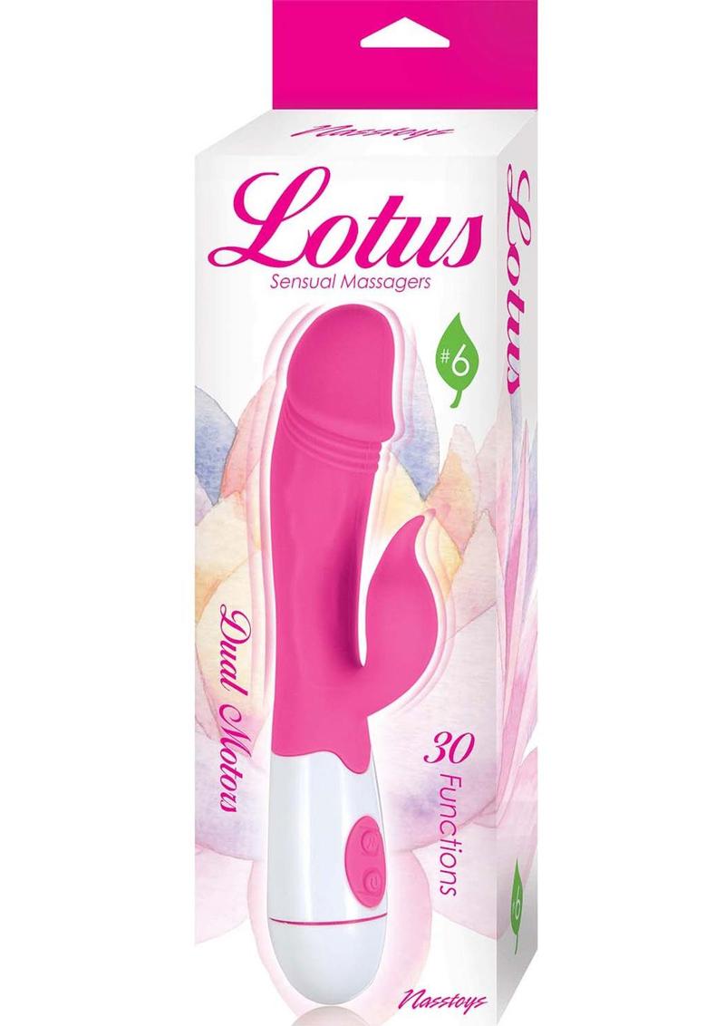 Masajeador sensual Lotus n.° 6, vibrador de silicona con forma de conejo, rosa y blanco
