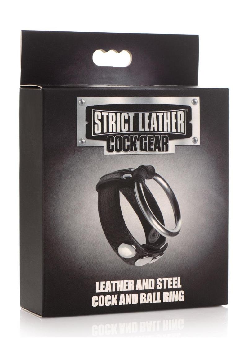 Anillo para pene y testículos de cuero y acero Cock Gear - Negro
