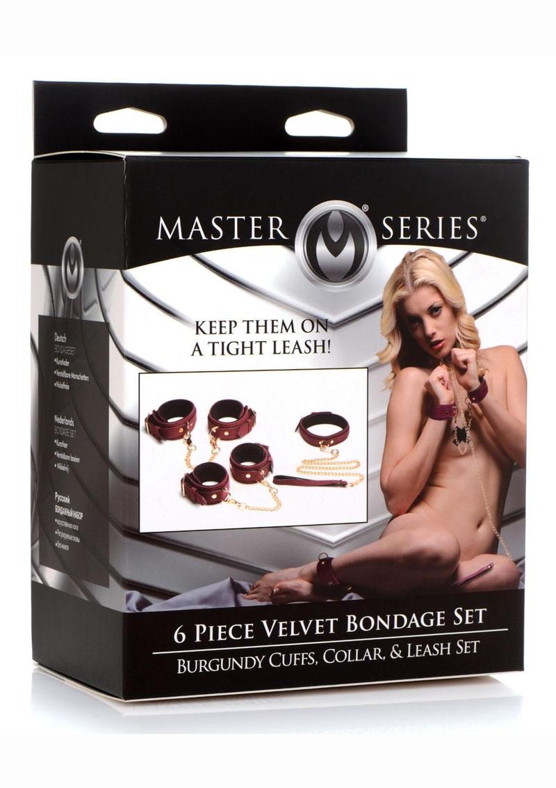 Conjunto de bondage de terciopelo Master Series: esposas, collar y correa (6 piezas) - Borgoña