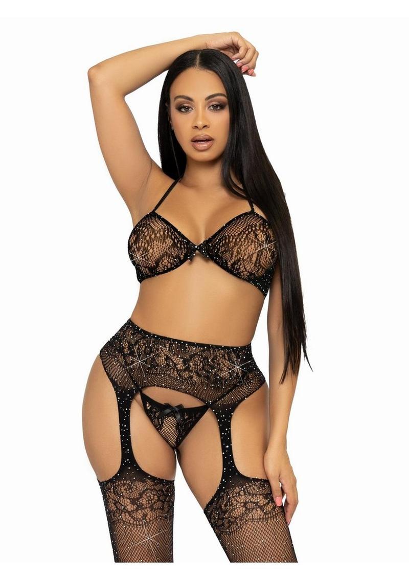 Sujetador de encaje con diamantes de imitación Leg Avenue, tanga y medias de red con liguero (3 piezas) - OS - Negro