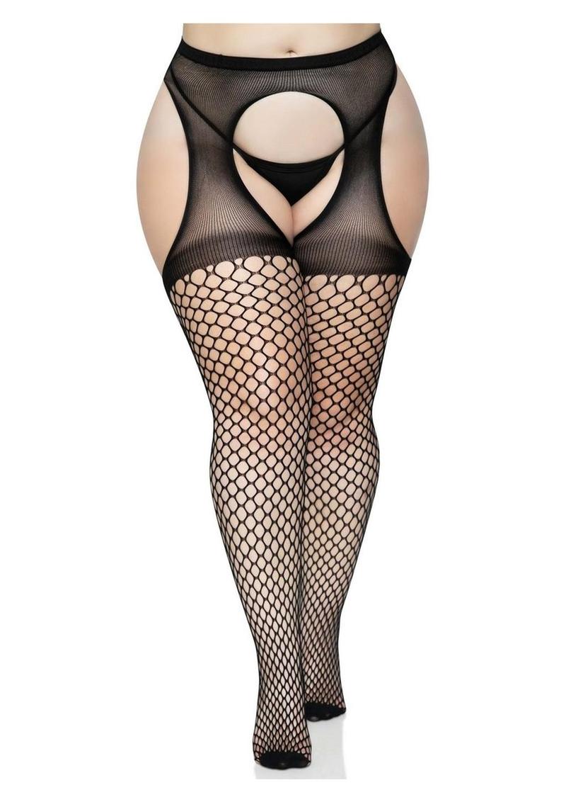 Medias de red ovaladas Leg Avenue con parte superior opaca - 1X/2X - Negras