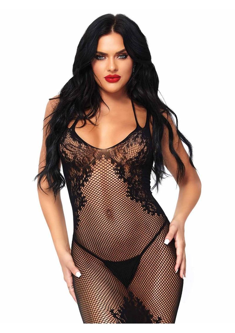 Vestido halter de dos tiras de red y encaje sin costuras Leg Avenue con espalda de encaje falso - OS - Negro