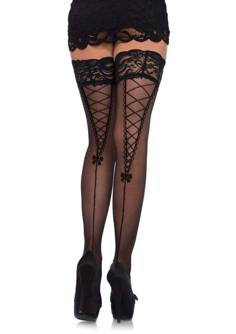 Medias altas transparentes de encaje con costura trasera de encaje falso Leg Avenue - OS - Negro