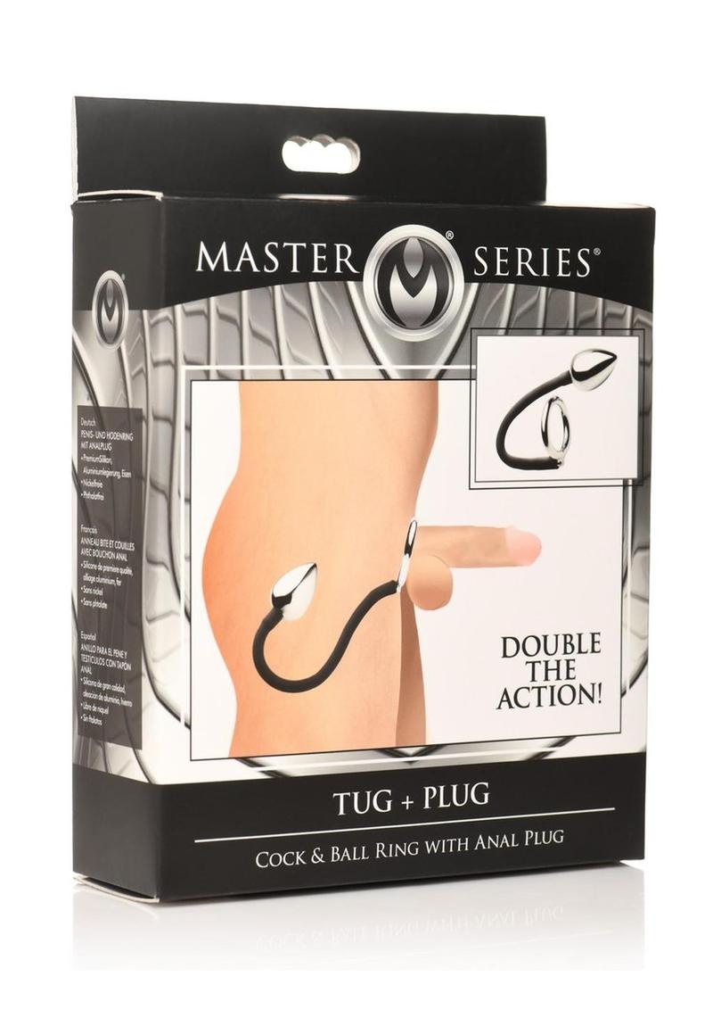 Anillo de aluminio para pene y testículos Master Series Tug + Plug con tapón anal - Negro/Plateado