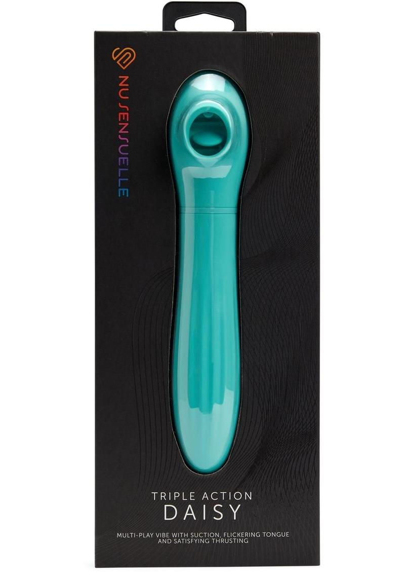 Vibrador recargable de silicona Nu Sensuelle Daisy con triple acción y succión lingual - Azul eléctrico