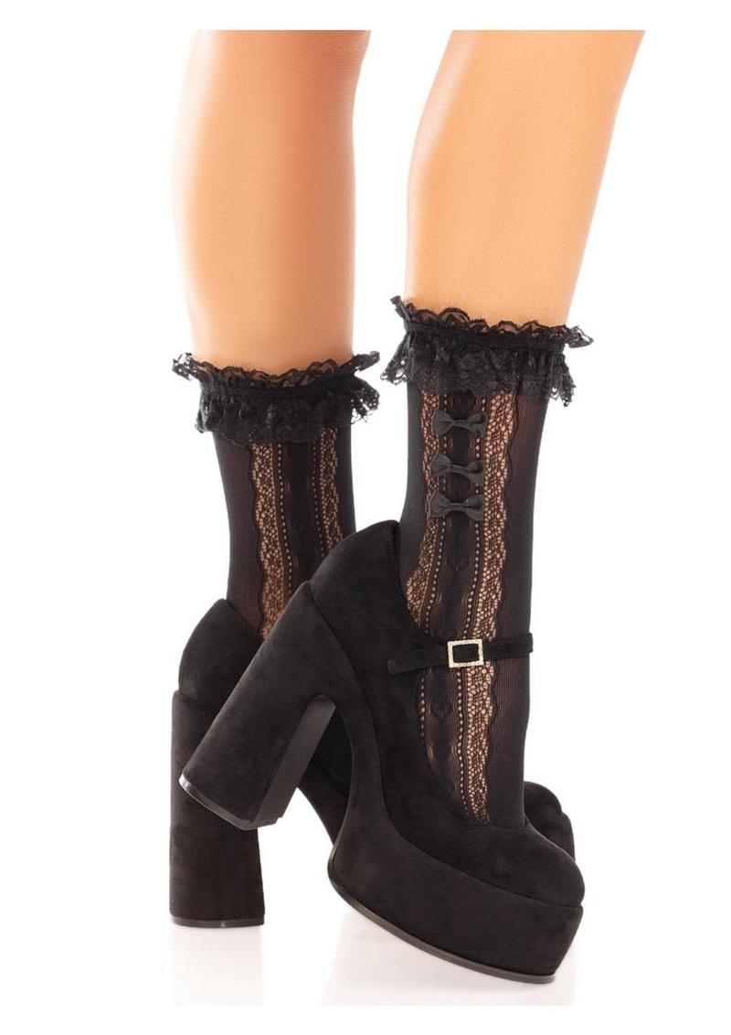 Tobillera de nailon con volantes de encaje Leg Avenue, minilazo y detalles de corazón - OS - Negro