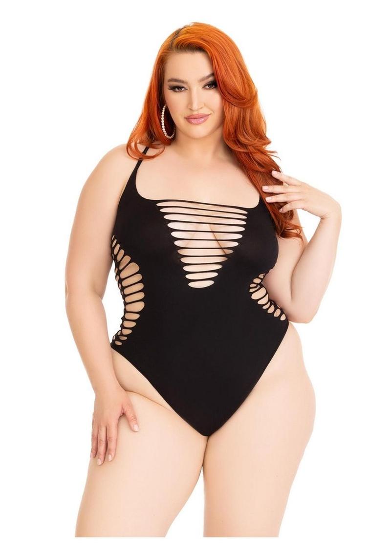 Body de tanga Leg Avenue sin costuras con espalda de nadador y efecto deshilachado - Talla 1/2 - Negro