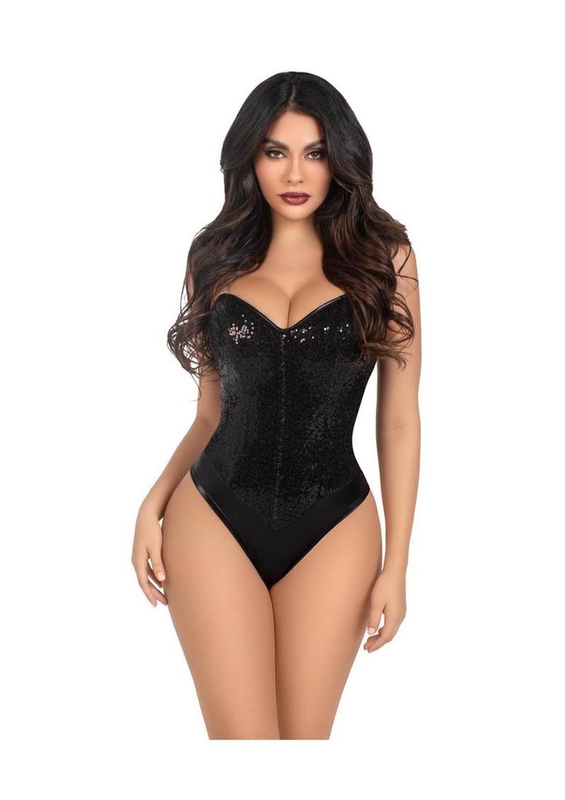 Body Leg Avenue con lentejuelas, varillas, cierre a presión en la entrepierna y tira transparente desmontable (2 piezas) - Talla pequeña - Negro