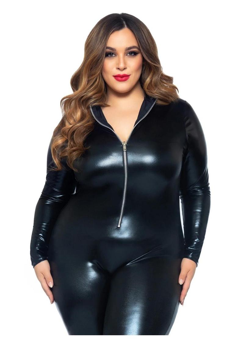 Traje de gato Leg Avenue Lame con cremallera frontal - 1X/2X - Negro