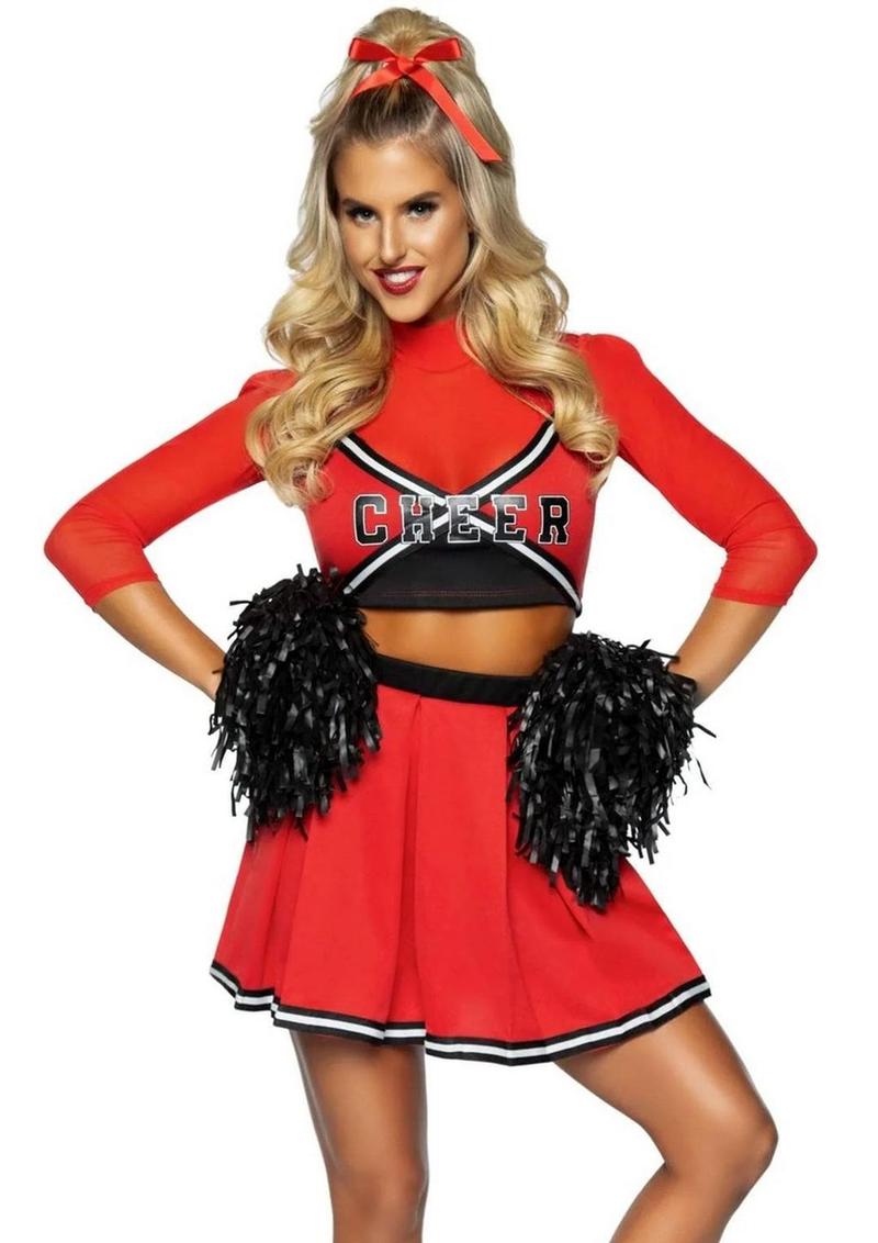 Conjunto Leg Avenue Varsity Babe con top corto, logo de animadora, falda plisada y pompones (3 piezas) - Talla extra - Rojo