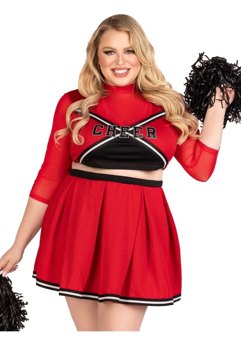 Conjunto Leg Avenue Varsity Babe con top corto, logo de animadora, falda plisada y pompones (3 piezas) - Talla 3/4 - Rojo