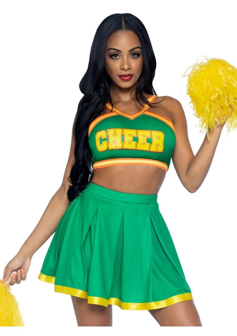 Conjunto Leg Avenue Bring It Baddie con logo de animadora, falda plisada y pompón (3 piezas) - Extra pequeño - Verde