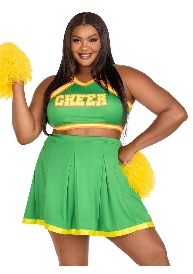Conjunto Leg Avenue Bring It Baddie con logo de animadora, falda plisada y pompón (3 piezas) - 1X/2X - Verde